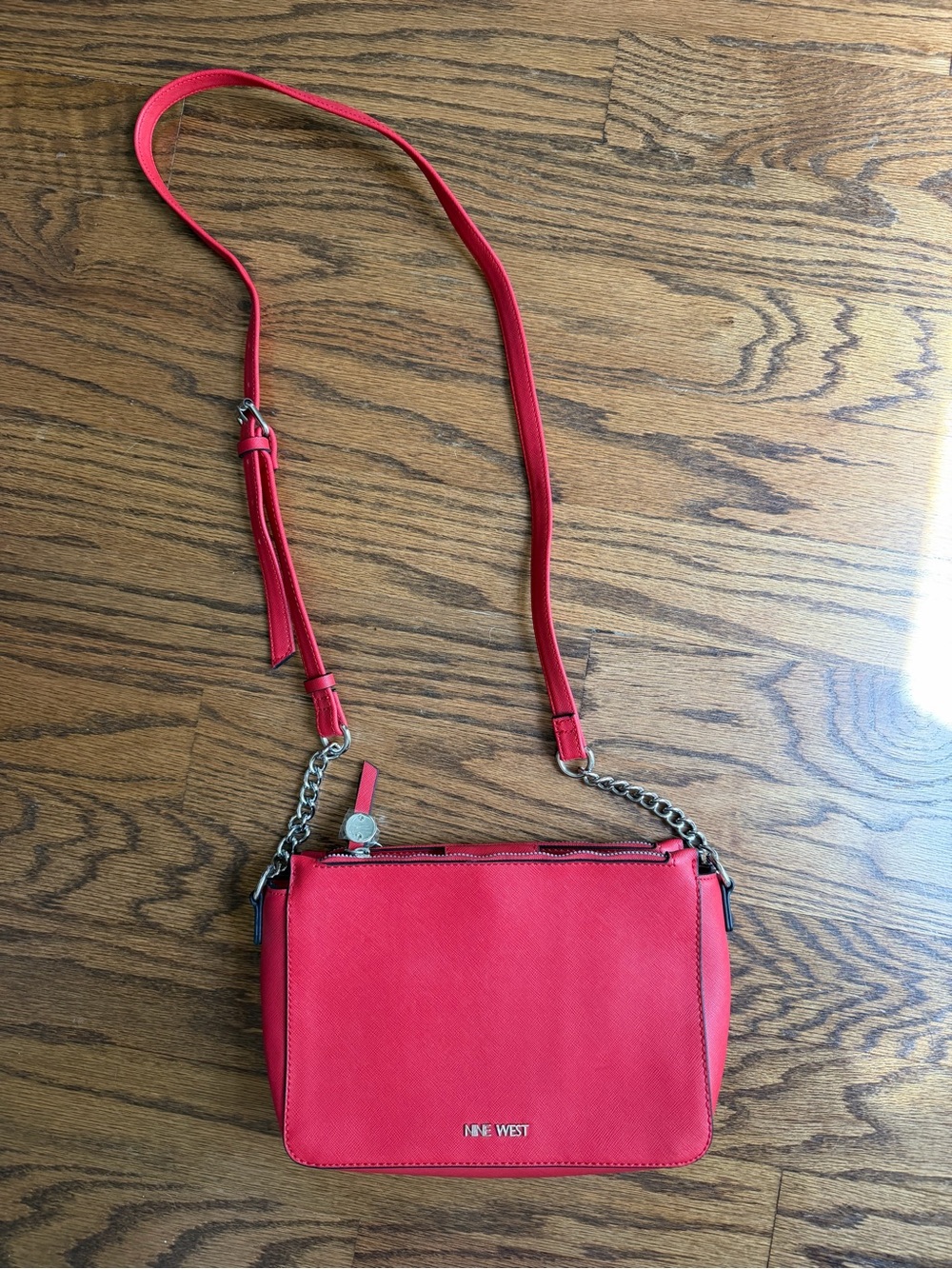Nine West Red Saffiano Crossbody Bag Chain Strap Multi Compartment
